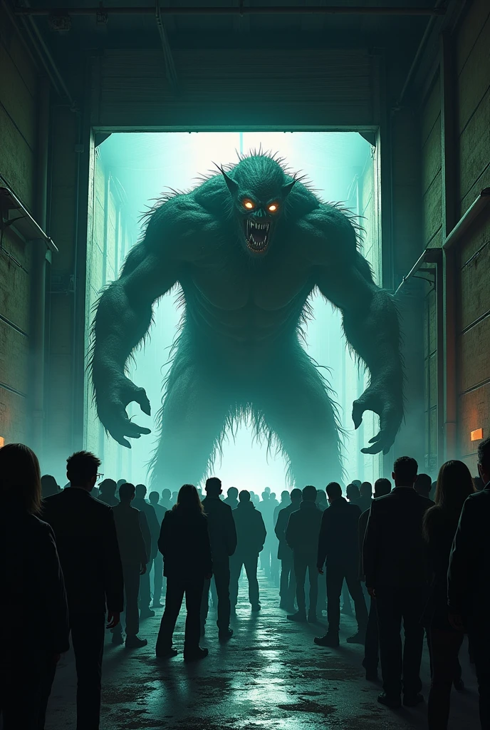 a monster in a crowd of people waiting to get into a club at a warehouse door, nightmare 