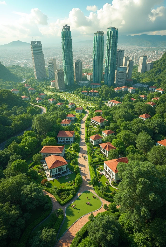 A highly detailed and sharp image of a municipality with green areas for a city called Harmonia Verde in the city of Esmeraldas, Ecuador, South America.