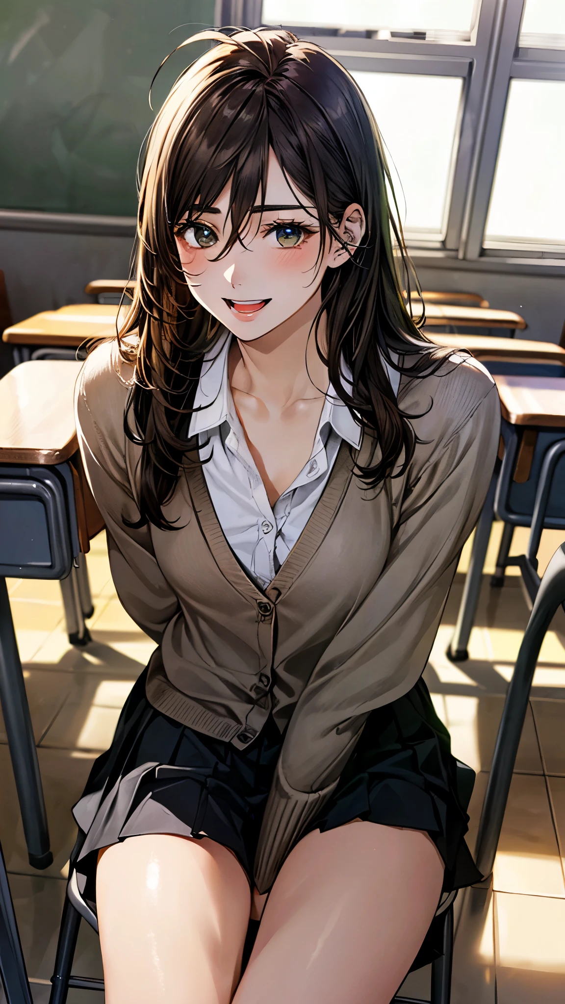 (masterpiece:1.3, top-quality, ultra high res, ultra detailed), (realistic, photorealistic:1.4), beautiful illustration, perfect lighting, natural lighting, colorful, depth of fields, surrealism,
beautiful detailed hair, beautiful detailed face, beautiful detailed eyes, beautiful clavicle, beautiful body, beautiful chest, beautiful thigh, beautiful legs, beautiful fingers,
looking at viewer, 1 girl, high school girl, (perfect anatomy, anatomically correct, super detailed skin), cute and symmetrical face, babyface, perfect face, perfect eyes, shiny skin,
(long hair, sideburns, straight hair, dark brown hair), ahoge, hair between eyes, blue-green eyes, big eyes, long eyelashes, (medium breasts, seductive thighs), slender, narrow waist,
(detailed cloth texture, break white collared shirt, break (long sleeve dark brown knit cardigan), break black pleated skirt), break
(beautiful scenery), noon, (school classroom:1.2, school desk, school chair), (sitting chair), (lovely smile, open mouth small),