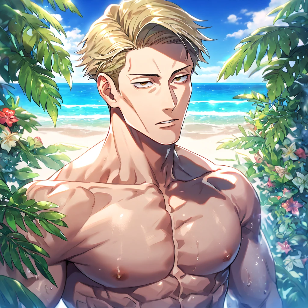 absurdres, highres, ultra detailed, HDR, master piece, Nanami Kento, blonde hair, expressive brown eyes, without shirt, Jujutsu Kaisen, toned chest, bare chest, sexy man, handsome, best quality, beach, fantasy, magical, solo, water, sensual, horny, green leaves, flowers, manly man, close up,