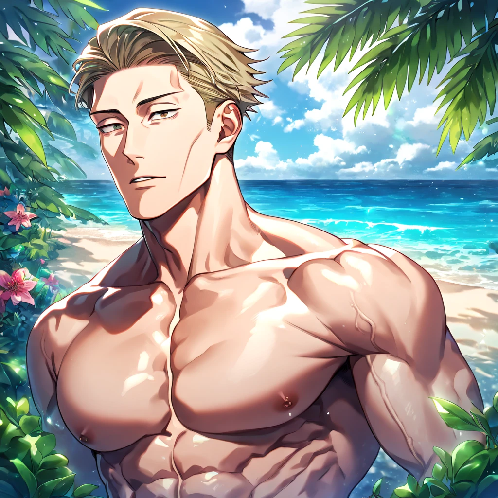 absurdres, highres, ultra detailed, HDR, master piece, Nanami Kento, blonde hair, expressive brown eyes, without shirt, Jujutsu Kaisen, toned chest, bare chest, sexy man, handsome, best quality, beach, fantasy, magical, solo, water, sensual, horny, green leaves, flowers, manly man, close up,