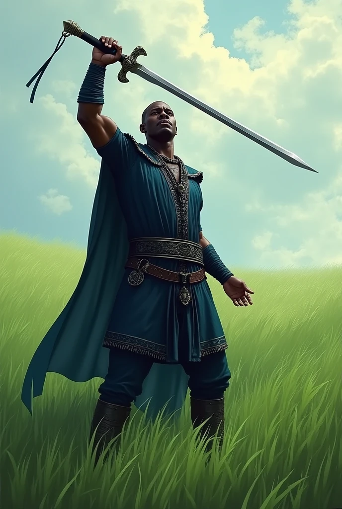 Orisha Black Man, warrior, shorth hair, dark blue clothing, with a medieval sword raised, in a green field.