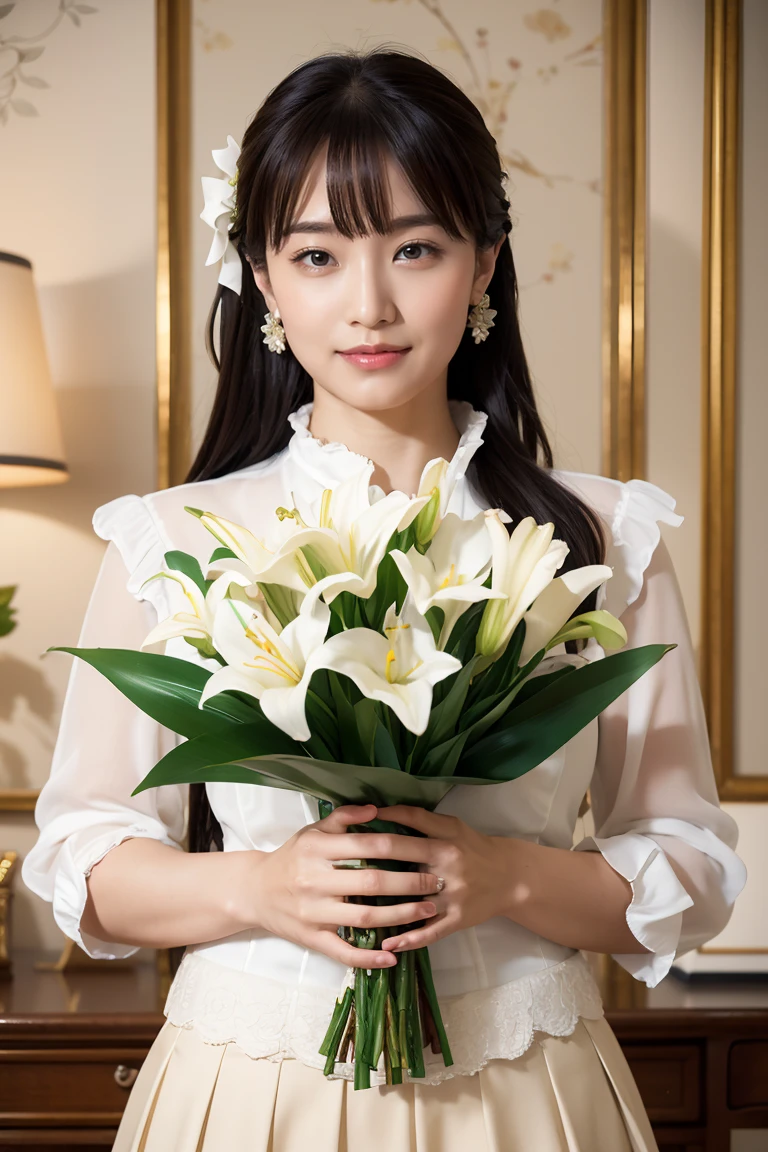 Medium Size Display, Medium Shot, Written boundary depth, bust, Upper Body, Movie angle, masterpiece, Highest quality, Very detailed, CG, 8k wallpaper, Beautiful Face, Delicate eyes, Otome, alone, smile, bangs, skirt, Formal blouse, Bouquet of lilies