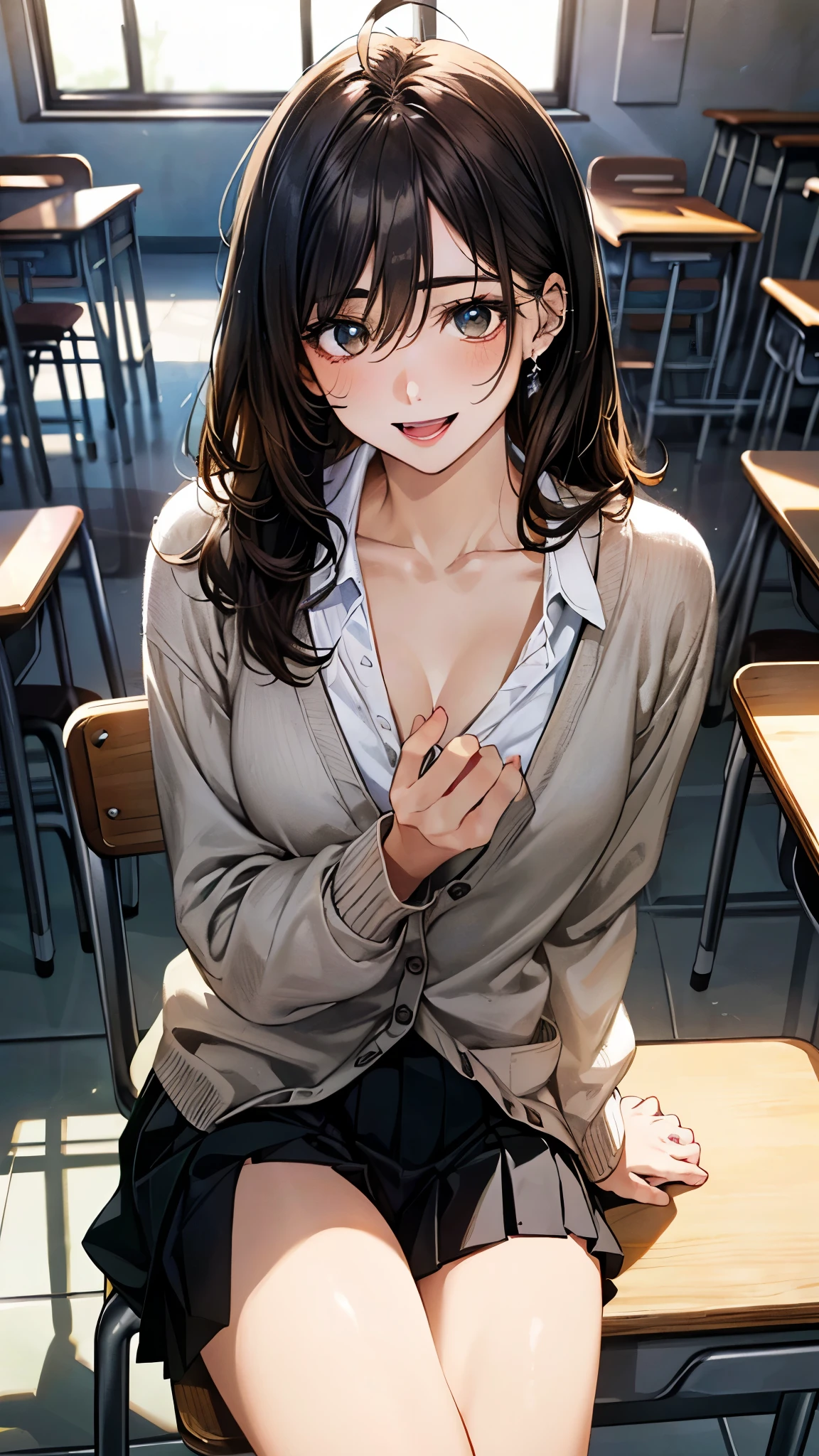 (masterpiece:1.3, top-quality, ultra high res, ultra detailed), (realistic, photorealistic:1.4), beautiful illustration, perfect lighting, natural lighting, colorful, depth of fields, surrealism,
beautiful detailed hair, beautiful detailed face, beautiful detailed eyes, beautiful clavicle, beautiful body, beautiful chest, beautiful thigh, beautiful legs, beautiful fingers,
looking at viewer, 1 girl, high school girl, (perfect anatomy, anatomically correct, super detailed skin), cute and symmetrical face, face, perfect face, perfect eyes, shiny skin,
(long hair, sideburns, straight hair, dark brown hair), ahoge, hair between eyes, blue-green eyes, big eyes, long eyelashes, (medium breasts, seductive thighs), slender, narrow waist,
(detailed cloth texture, break white collared shirt, break (long sleeve dark brown knit cardigan), break black pleated skirt), break
(beautiful scenery), noon, (school classroom:1.2, school desk, school chair), (sitting chair), (lovely smile, open mouth small),