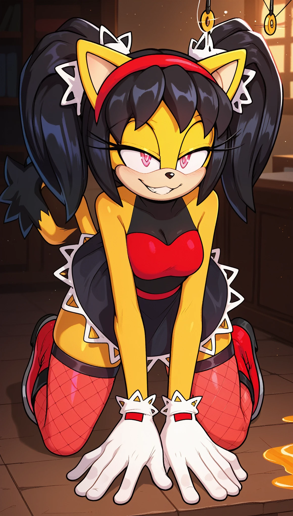 Seductive expression, (hypnosis), 1girl, cute grin, anthro, furry, fur, fluffy fur, honey the cat, sonic (series), black hair, twintails, frilly hairbands, red bikini, black skirt, fishnet stockings, fishnet armwear, red boots, red hairband, (19 years), medium breast, thick thighs, solo, (bedroom), detailed, pink eyes, (half-closed eyes), doggystyle, score_9, score_8_up, score_7_up, score_6_up, score_5_up, score_4_up