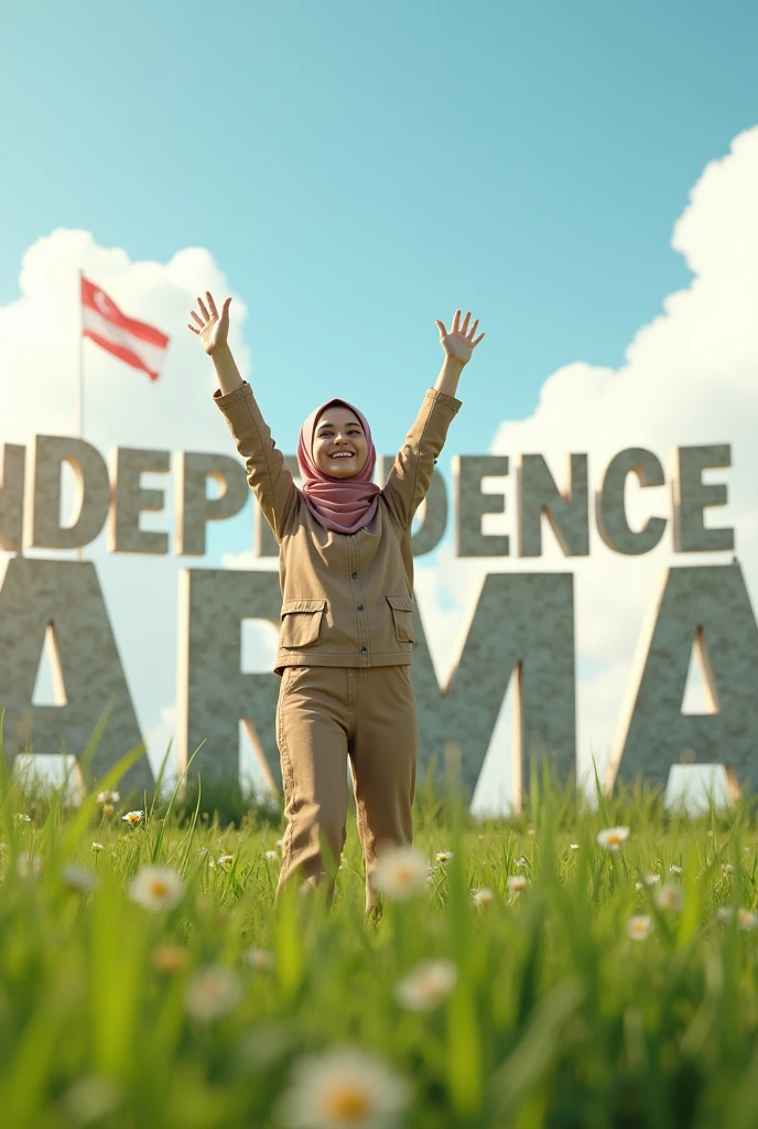 A 22-year-old girl wearing a hijab is celebrating Independence Day outdoors. She's standing on a lush, green grassy field with a joyful expression, perhaps waving a small flag or raising her arms in celebration. Behind her, the words "Independence Day" are written 3d in large stone letters, partially covered with grass and in the sky the word "Rahima" is written 3d in large cloud letters, blending naturally with the environment. The scene is bright and festive, with clear skies and sunlight enhancing the celebratory atmosphere.