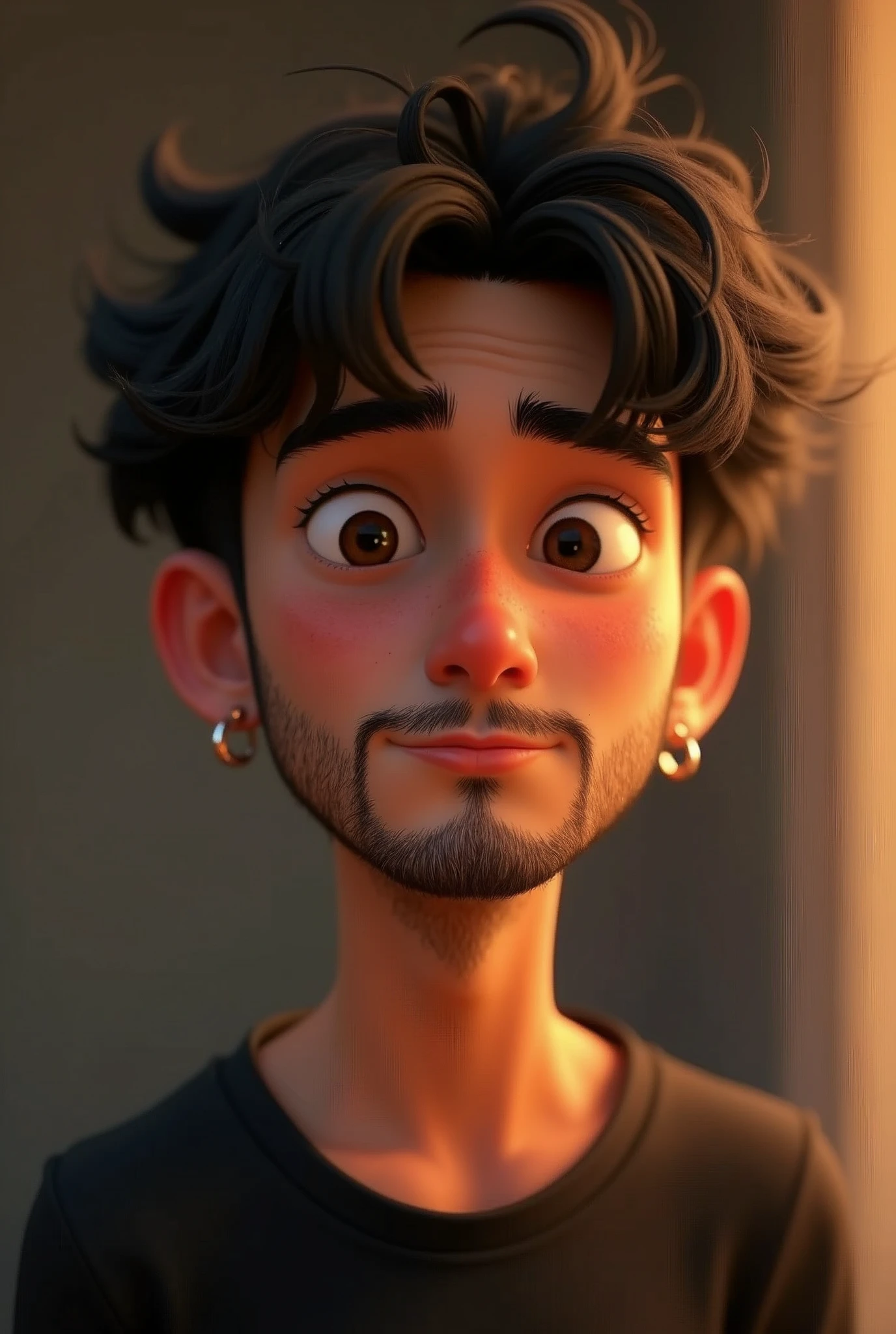 Disney Pixar Character, age 20 years, earring in ears, shorth hair, sem beard, dark haired, dark shaped eyes, with black shirt.