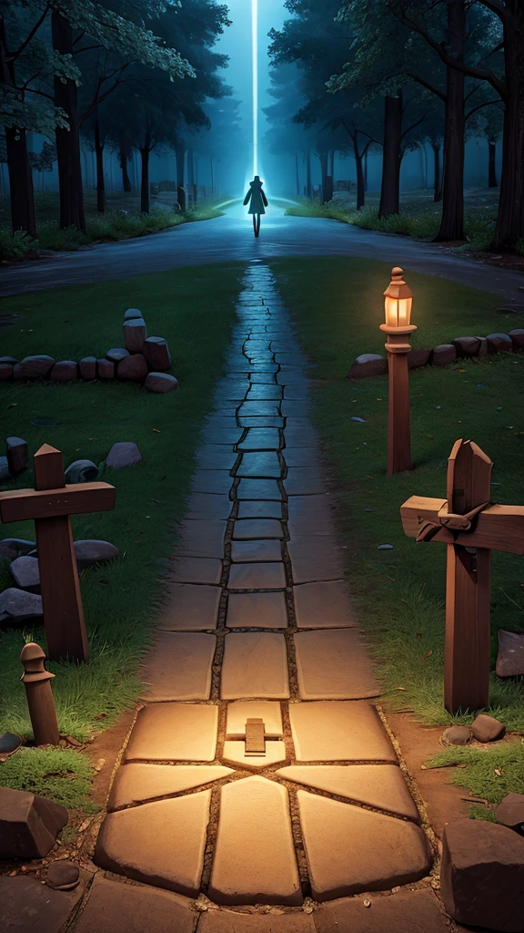 Path and Crossroads: A road divided into two paths, a bright and clear, symbolizing salvation, and another dark and winding, representing hell. in the middle, a figure pondering which path to take, with a cross or a Bible on the side of the illuminated path.