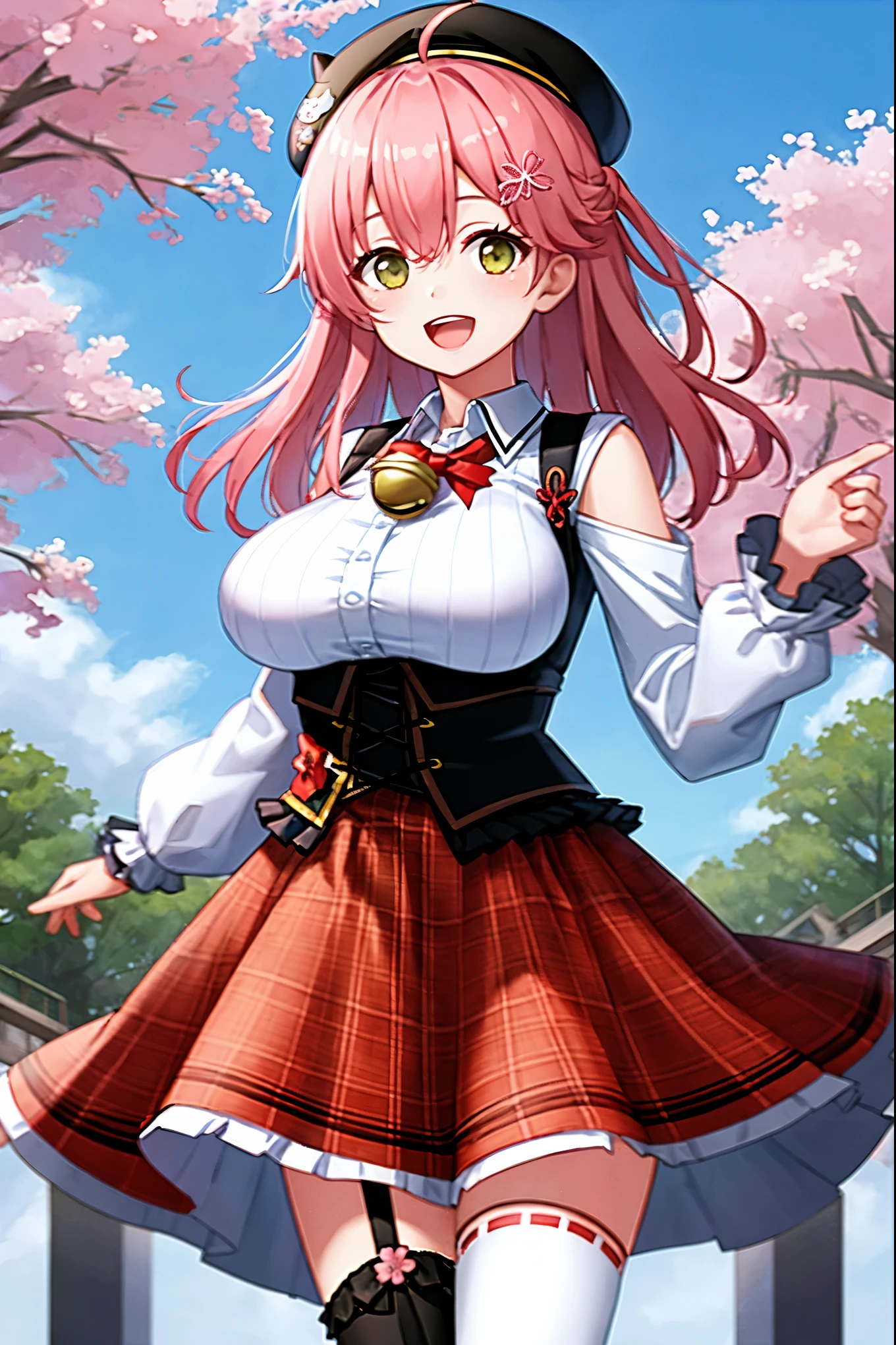 masutepiece, Best_Quality, hight_resolution, miko2,Ponytail, 1girl, Ahoge, black headwear, Hair Ornament, White shirt, black thighhighs, Pink hair, Red_skirt, very_short_skirt, plaid skirts, garter_strap, Collared shirt, hair clips, frilld, Bangs, hair between eye, frills skirt, beret, Pleated skirt, Hair Flower, Neck bell, , puffy long sleeves, Black bow, Underbust, Smile, (large_breasts:1.3),covered_nipples, green_eyes, happy, dynamic_angle,apart_legs,(big_smile:1.2),plump,open_mouth,shout,half_eyes,cherryblossom_park_landscape_background,