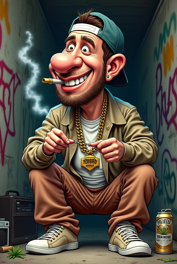 Caricature of a 90s white rapper rolling a joint