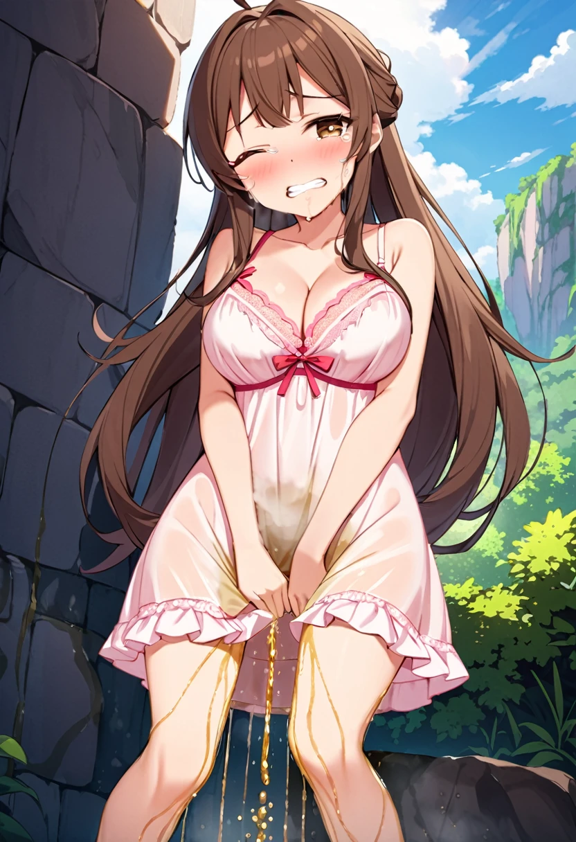 NSFW, (masterpiece, top quality, best quality, highly detailed:1.6), anatomically correct, (hands between legs:1.5), (Touching crotch with hand, holding crotch, Hold the urethra and hold in your pee:2.5), (rubbing knees together, pee running down chemise, pee running down legs:2.5), (((clutching crotch))), (Pee flows down thighs and calves like a waterfall:1.5),hand, holding crotch, Hold the urethra and hold in your pee:2.5), (rubbing knees together, pee running down Negligee, pee running down legs:2.5), (((clutching crotch))), (Pee flows down thighs and calves like a waterfall:1.5), strong facial expression, (sharp eye:1.2), (scowl:1.1), (embarrassed,blush:1.3), (steam:2.5), (wet:2.1), (sweat:1.1), (trembling:1.3), (open mouth, wavy mouth:1.4), (clenched teeth:1.7), (drooling:1.7), (half open eyes:2), (tears:2.5), (one eye closed, wink:2), (feeling weak:1.5), (bravery crying, sobbing:1.5), (shoot from front, looking at viewer:1.2), (very long hair, Extra long hair,Dark brown hair:1.7), (woman trembling with sexual climax:1.5), colorful, full body, wide shot, perfect composition, urination, incontinence, piss, peeing self, (((pee stream))), (pee puddle), Wetting herself, (Pee stains spread on the skirt), From the skirt dripping pee, large breasts, Yellow pee, ((leaking pee)), puddle of pee, Pee at your feet, Pee spread on the floor, Pee stains, Dripping pee between my legs, Feet Wet from pee, Pee-covered feet, Pee at your feet, want to pee, about to pee, Full bladder, (Pee-soaked panties:1.5), natural makeup,