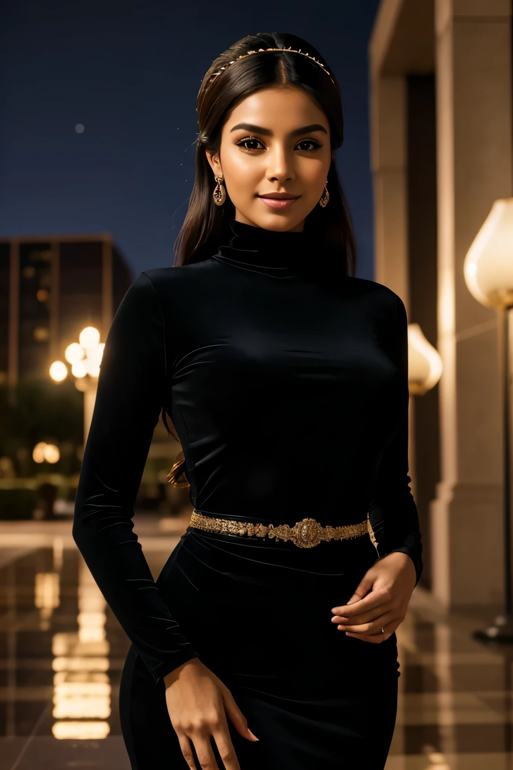 Portrait of an extremely beautiful Mexican woman, smiling, 25 years old, detailed facial features, piercing eyes, wearing a headband, elegant long eyelashes, beautiful lips, delicate nose, intricate jewelry, wearing long black dress with turtleneck, hourglass body shape, wearing sexy high heels, standing, posing with hands on waist, 45 degree angle, fancy hotel lobby, night time, dramatic lighting, highly detailed, photorealistic, 8k, cinematic composition, dramatic pose, masterpiece