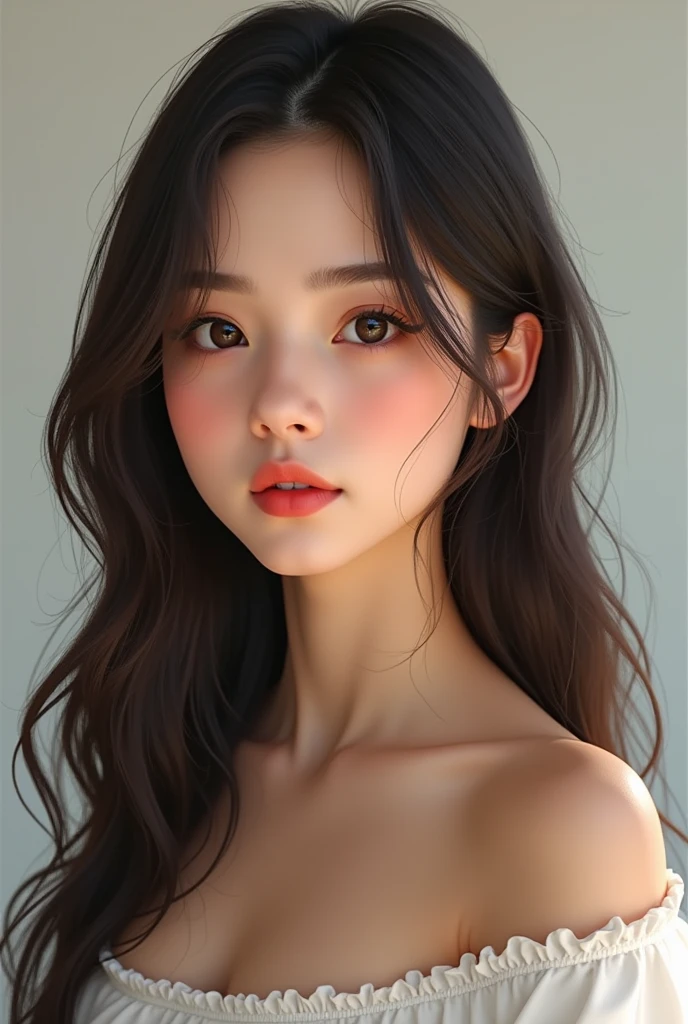 Woman, white, long, straight, dark brown hair, slim, small stature, broad face, small, separated eyebrows, dark shaped eyes, Youngh