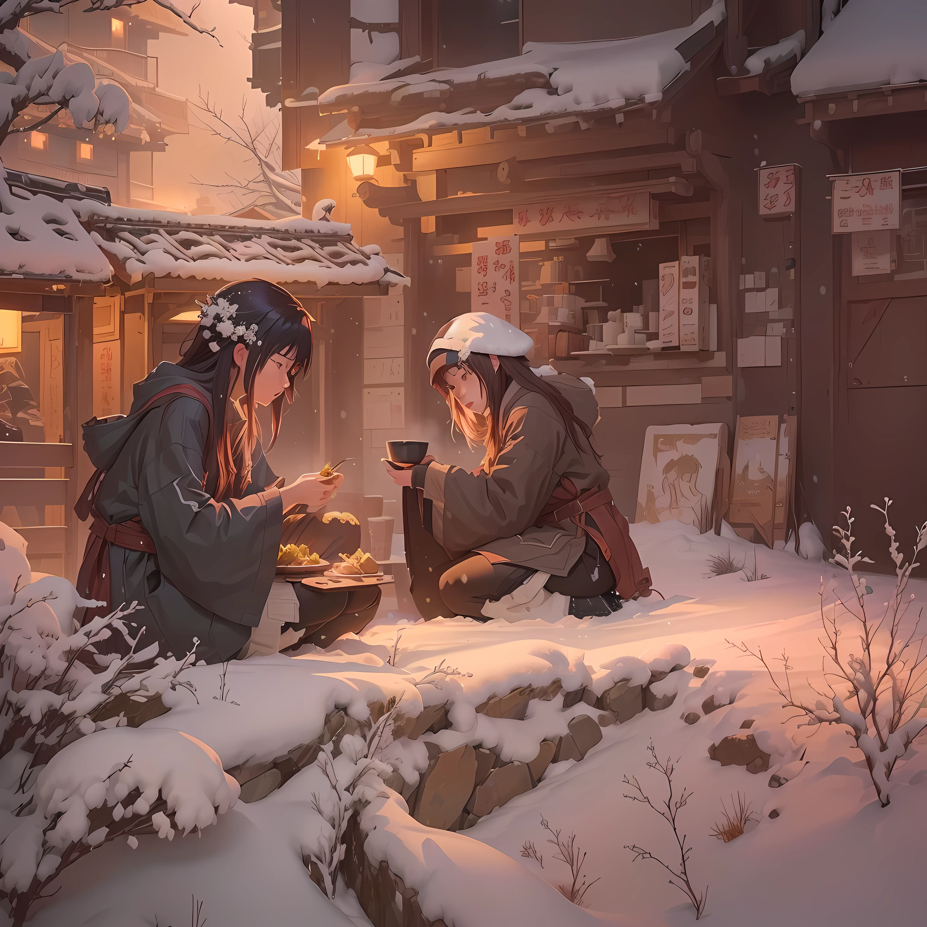 Animated scene of two women sitting on a snowy hill and eating food, Gweiz-style artwork, Atei Gailan 8K, guweiz on pixiv artstation, Guweiz on ArtStation Pixiv, Xin Haicheng, winter concept art, artstation pixivでトレンド, Guweiz and Makoto Shinkai, Beautiful anime scene