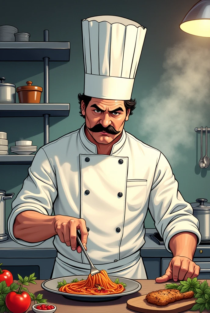 A renowned chef, with a white cap and an imposing moustache, is in your kitchen, surrounded by fresh ingredients and steaming pots. His face reflects intense concentration.. Simple drawing and wider, wider space for a comic strip
