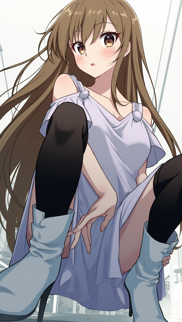 (((((((focus on the face))))))),((((((squatting on the ground)))))),(((((((angle from extremely below))))))),(((((((angle from side))))))),(((((((side face))))))),(((((looking up))))),(((((head up))))),
(at night),((((dramatic shadows)))),
highres, shizuri1, 1girl, solo, thighhighs, white boots,brown hair, long hair, brown eyes, black thighhighs, purple dress,(((abandon factory))),
((((((((masterpiece)))))))), best quality, highly detailed, extremely detailed CG unity 8k wallpaper,illustration,sfw,
indoor,((((abandon factory)))),(at night),spotlight,(((grey background))),(grey wall),wire,pipe,(night),