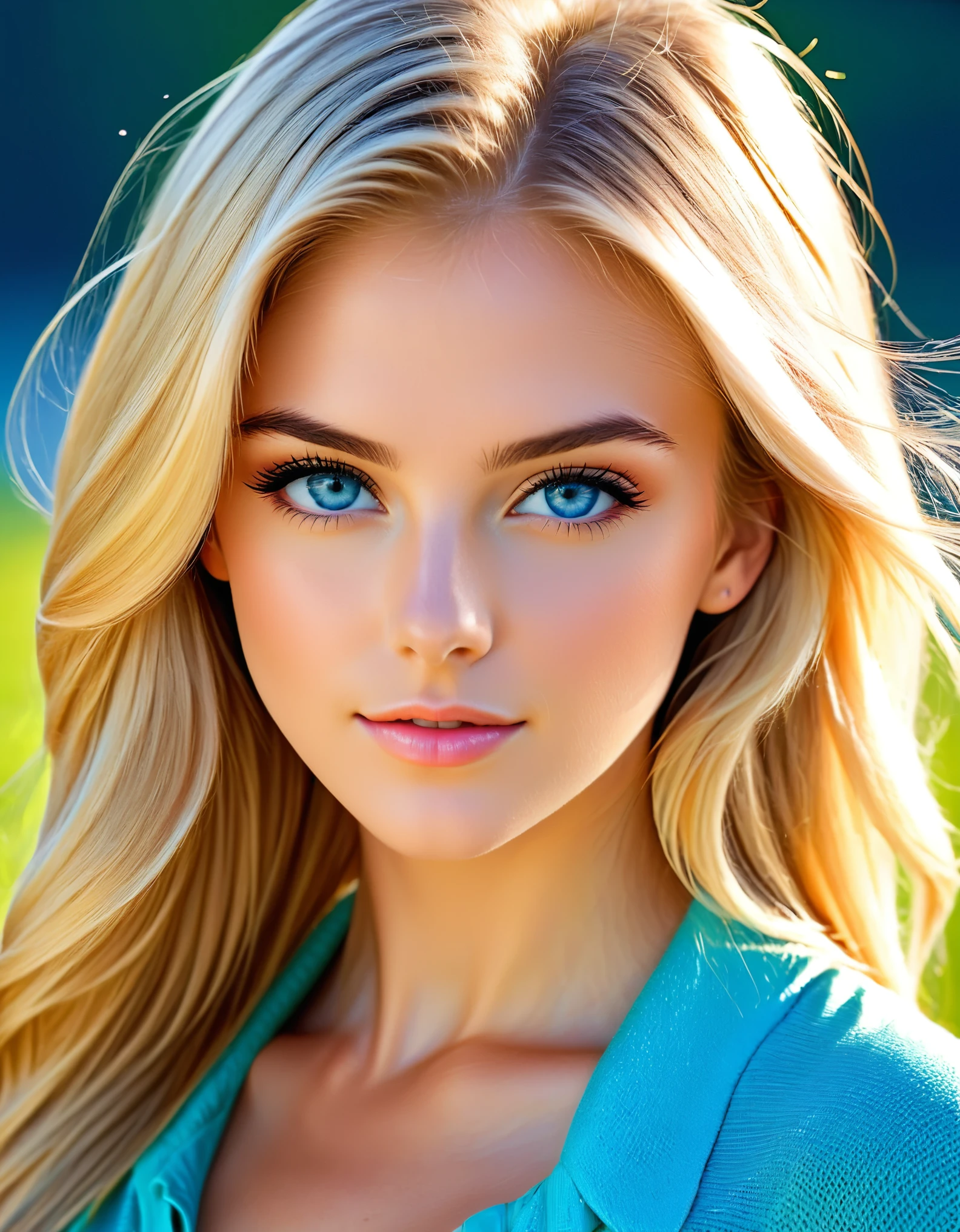 Subject/Themes Full body shot of a beautiful 18 year old woman. Sunny Swiss background, Camera shot type: extreme closeup Camera Lens: EE 50mm For detailed facial features Additional details: model features blonde hair, colourful, fashonable clothes, blue eyes, turning to face: head-on towards camera: seductive atmosphere. Detail and resolution keywords: high detail, sharp image, midday, EE 50mm, blue eyes, natural light