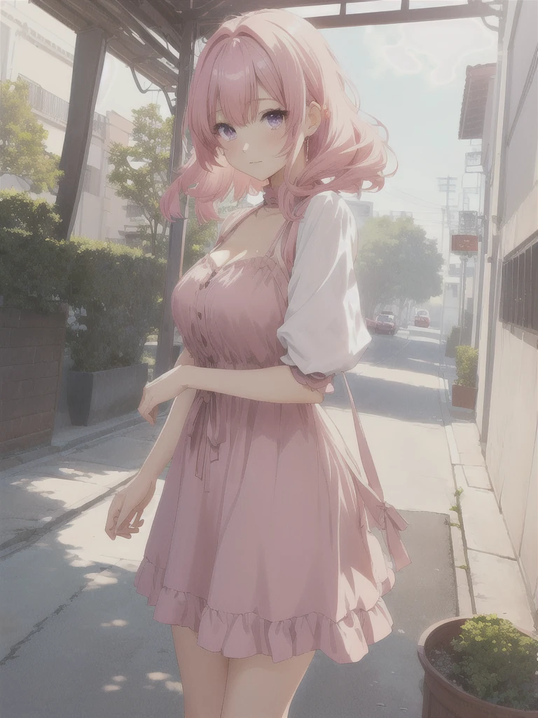 a beautiful anime girl with pink hair and purple eyes, wearing a brown dress, moe anime style, yandere gapmoe, 8K, inspired by Rei Kamoi, soft anime cg art, cute anime fashion, 