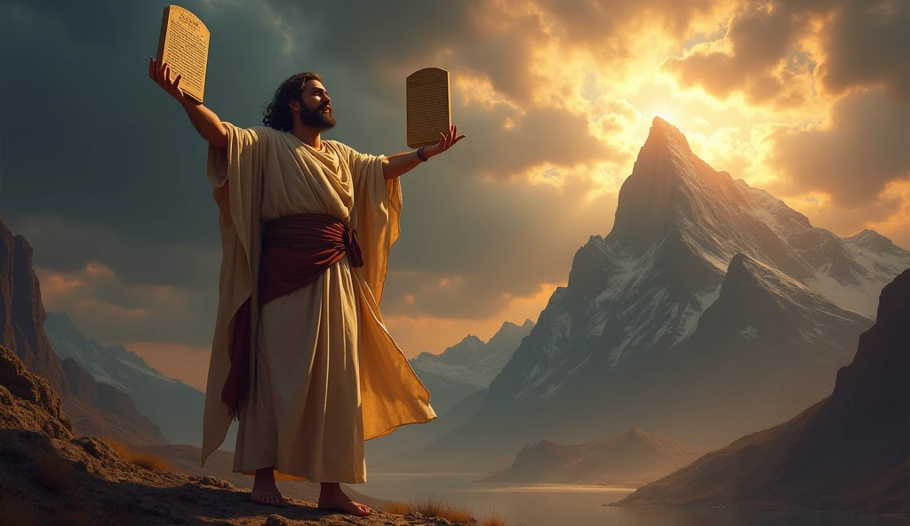 Moses holding the tablets of the Ten Commandments, with a look of determination. The background shows a mountain, and there is a divine light emanating from the tablets. The scene is dramatic, with dark clouds and an atmosphere of authority.