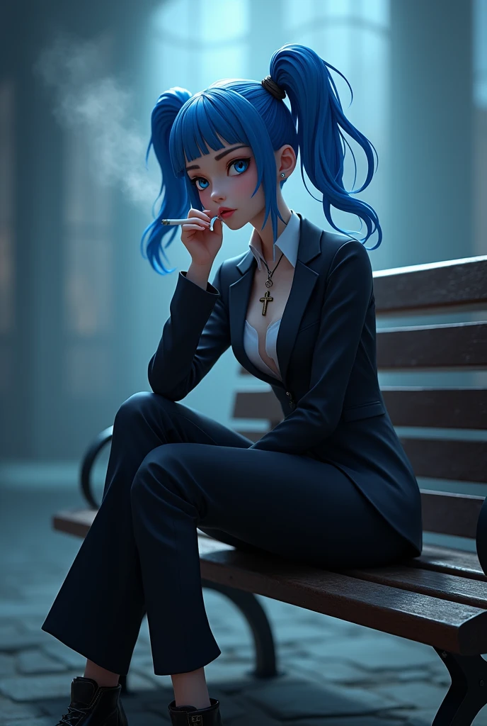 Anime 3d League of legends jinx smoking cigarette looking on left side while sitting in the bench in cross legs wearing formal attire and wearing cross necklace