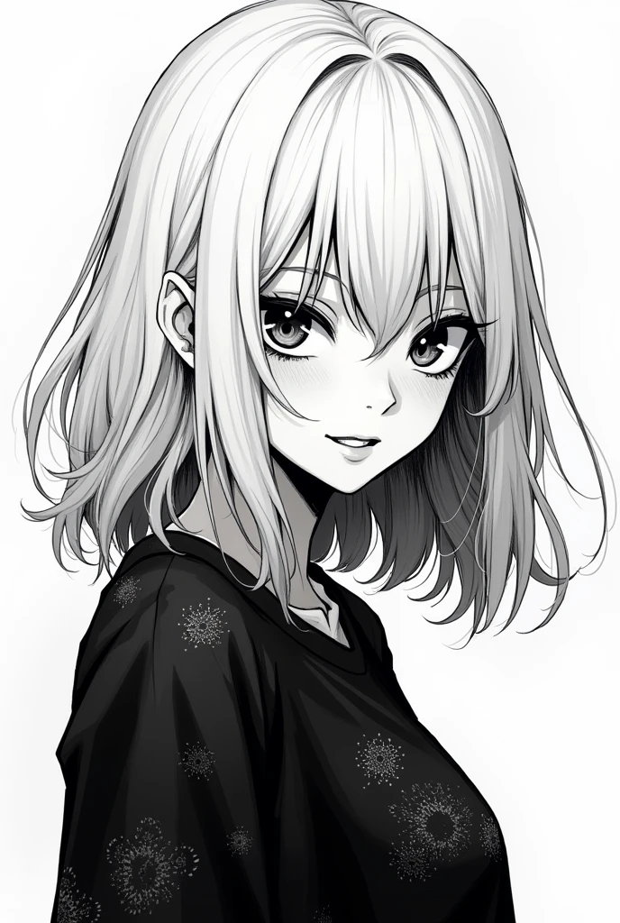 Black and white manga with a darker tone. The image shows a girl with shoulder-length white hair with two strands over her face, glossy lips, and she's laughing. She's wearing bleach-style clothing.