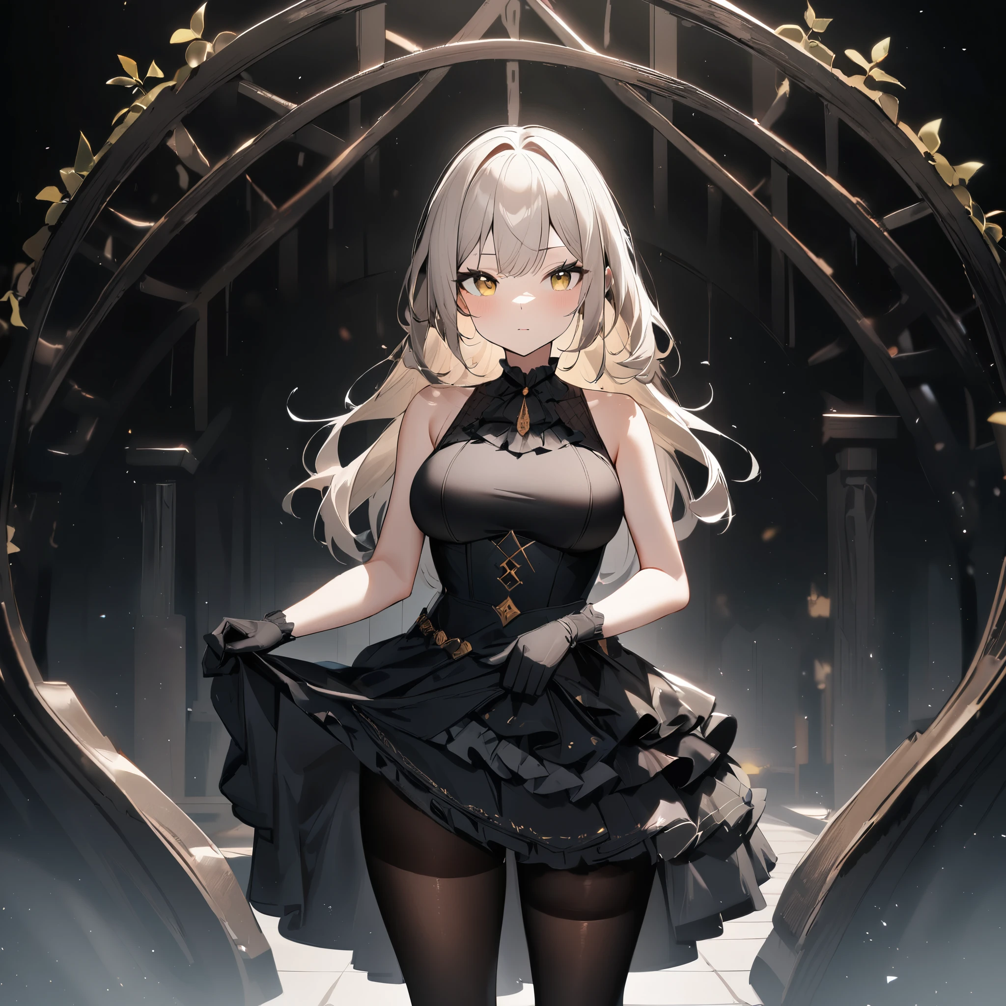 1 girl,best quality, very aesthetic,absurdres,looking at viewer,front view,Lovely lady,,skirt lift,high-grade,layer,westfrill,light hair,multilayer,blackcolor,trim,(side-Crisscross),breasts,upscale,Layered,yellow pale,blackglove,pantyhose,lovely,all black,Sleeveless,open stance,curtsey,impossible_clothes,half up,blouse,spread out