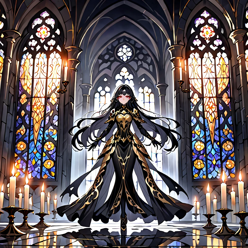 A breathtaking artwork of a female character of unimaginable beauty, set in a dark and opulent environment. The full-body view reveals an impressive figure, exuding an aura of power and mystery. She wears black and gold clothes, radiating a luxurious darkness. Her armor is detailed and characteristic, with intricate golden designs that shimmer in the dim light. Ornate shoulder pads protect her shoulders, and the armor perfectly molds to her body, accentuating her formidable presence. Her long black hair flows like a river of darkness, contrasting with her mesmerizing scarlet eyes. Her beauty is almost supernatural, a perfect blend of grace and menace. She wields a cursed blade that seems to pulse with malevolent energy, enhancing her aura of danger. The setting around her is a gothic and luxurious environment, with dark arches and stained glass windows that filter a supernatural light. In the background, candles flicker, casting dancing shadows on the intricately carved stone walls. It is a place that blends elegance and terror, perfectly reflecting the essence of the character.