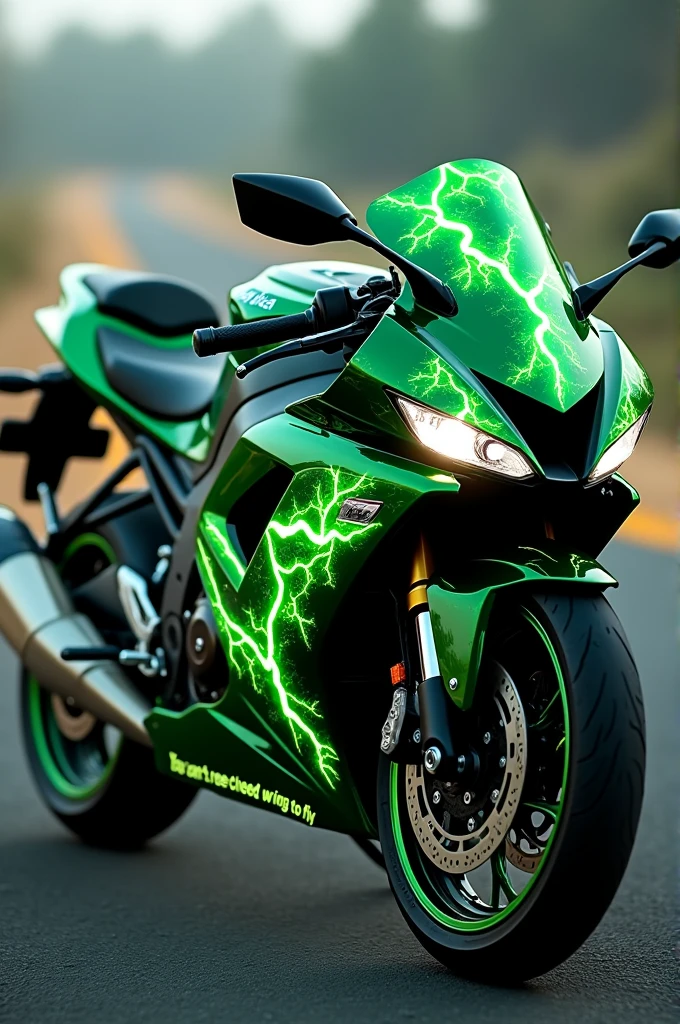 Decal of a green lightning themed logo in the shape of a Kawasaki Ninja 300 engine motorcycle, singing on the road, The bike is in profile and under the surface it says "Green ray" "You don&#39;t need wings to fly"