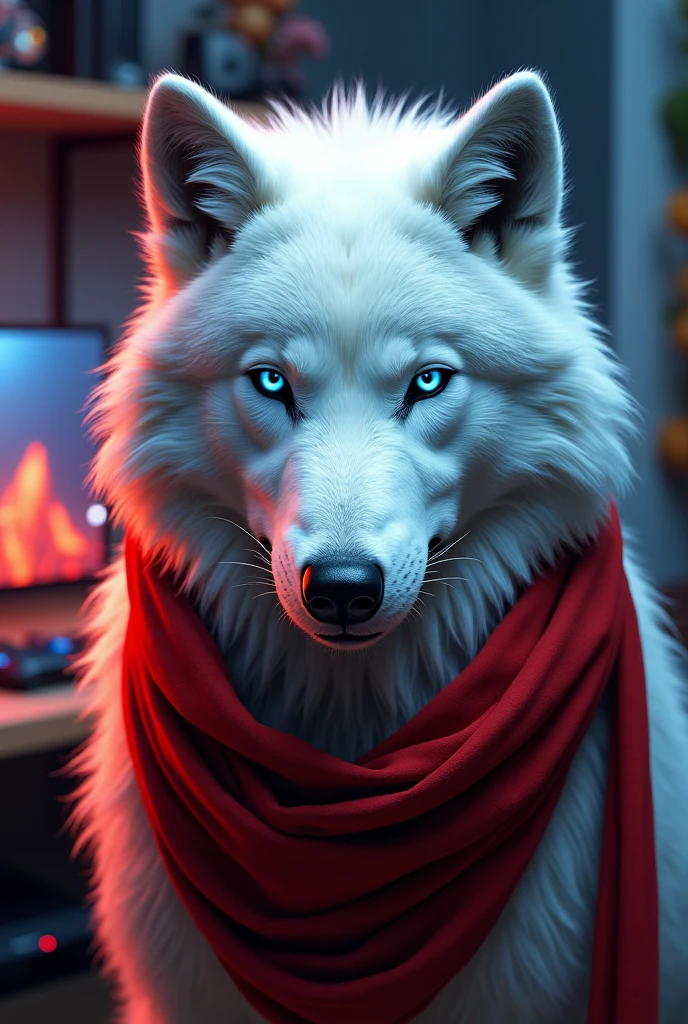 A white wolf with blue eyes only from the neck up with a red ribbon all over his head like a ninja and a gamer room in the background