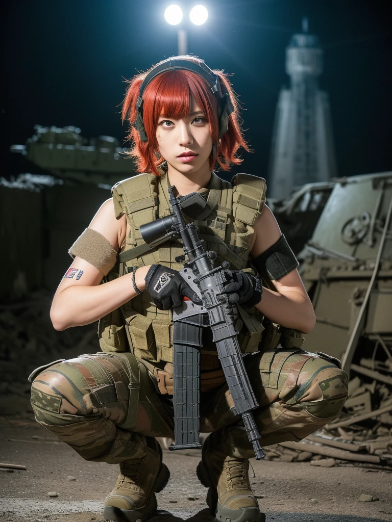 (masterpiece, ultra-detailed, ultra-realistic, best quality, clear focus, photorealistic), (ultra-high resolution, 8k:1.3), cinematic color-grading film, dramatic scenes, shadow, global-illumination, perfect anatomy, perfect face, (detailed face, detailed eye:1.3), (Japanese punk rock girl:1.2), (red hair:1.3), (experienced soldier:1.2), professional light, (boyish cool Japanese face:1.3), (Fully equipped for battle:1.3), (holding m4a1 large assault rifle:1.4), (long barrel rifle:1.3), (Strong willed expression:1.2), (afraid:1.3), (wearing a very cute punk rock styled soldier's outfits made of leather with military helmet:1.2), slim waist, (at a battle field of Abandoned Building at night), flash light, (explosion:1.4), very large breasts, tactical vest, military harness, (squatting), (long boots:1.3), face focus