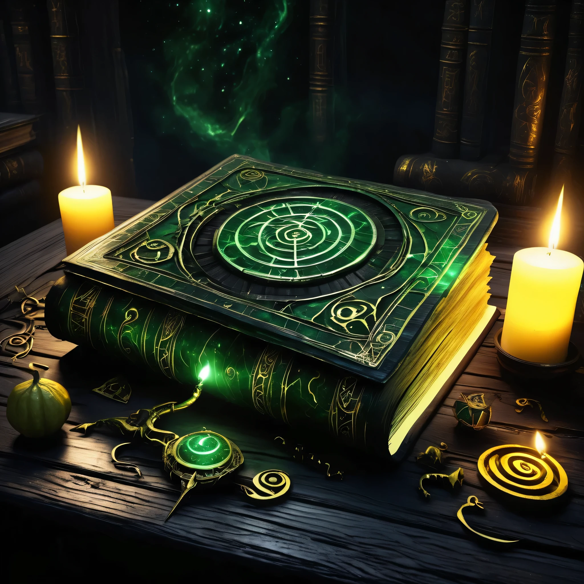 ((best quality)), ((masterpiece)), ((realistic,digital art)), (hyper detailed),DonMD34thM4g1cXL, magical grimoire with yellow worn pages and mystic runes, laying on an eerie ancient desk made of black wood, (dark, sinister:2.0), fading dark green magic swirls and candle lights,
