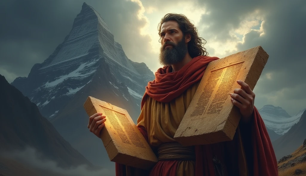 Moses holding the tablets of the Ten Commandments, with a look of determination. The background shows a mountain, and there is a divine light emanating from the tablets. The scene is dramatic, with dark clouds and an atmosphere of authority.