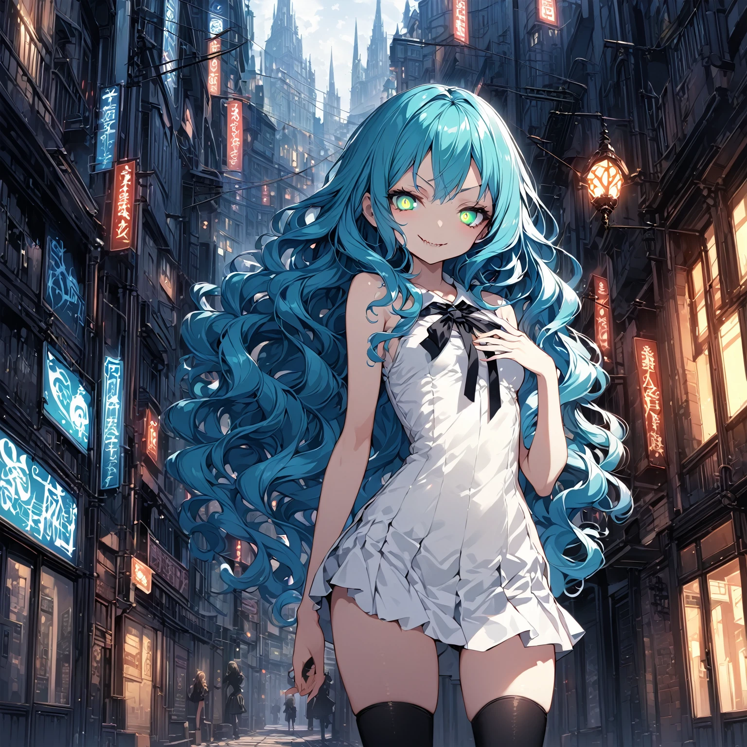 city background,original,(illustration:1.1),(best quality),(masterpiece:1.1),(extremely detailed CG unity 8k wallpaper:1.1), (colorful:0.9),(mid shot:0.95),(highly detailed beautiful face and body),(solo:1.2), (girl),(((adult))), (detailed beautiful eyes:1.15), (beautiful face:1.15), (glowing green eyes:1.25////),((jewel-like eyes)),(petite),(cute girl),(((blue long hair))),((blue long hair)),(wavy hair),((wavy hair)),(+perfect hand+:1.21),(gothic school uniform),(Religious),(slender),(black clothes),(gothic ribbon),ribbon tie,small breasts,miniskirt,gothic boots,black thighhighs,slim body,(evil smile),detailed background,city street,(((adult))),