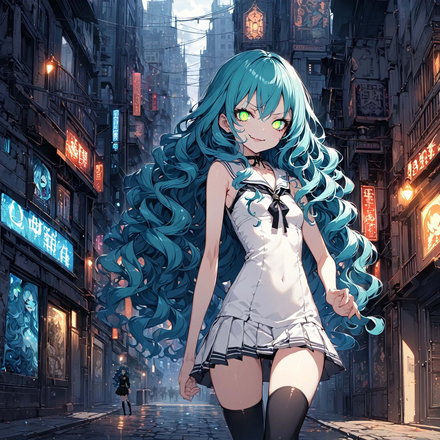 city background,original,(illustration:1.1),(best quality),(masterpiece:1.1),(extremely detailed CG unity 8k wallpaper:1.1), (colorful:0.9),(mid shot:0.95),(highly detailed beautiful face and body),(solo:1.2), (girl),(((adult))), (detailed beautiful eyes:1.15), (beautiful face:1.15), (glowing green eyes:1.25////),((jewel-like eyes)),(petite),(cute girl),(((blue long hair))),((blue long hair)),(wavy hair),((wavy hair)),(+perfect hand+:1.21),(gothic school uniform),(Religious),(slender),(black clothes),(gothic ribbon),ribbon tie,small breasts,miniskirt,gothic boots,black thighhighs,slim body,(evil smile),detailed background,city street,(((adult))),