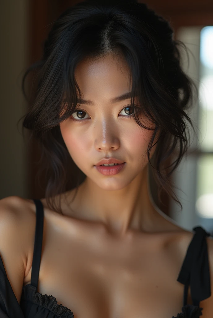 ((Best quality, 8k, Masterpiece :1.3)), 1girl, Pretty woman with emphasizing abs :1.3, (short cut hairstyles, Huge breasts),Ultra-detailed face, Detailed eyes, Double eyelid,from the thighs up,japanese,hyper realistic photography, Hyper Sharp Image, Hyper Detail Image,(short cut hair),Low Angle Shot