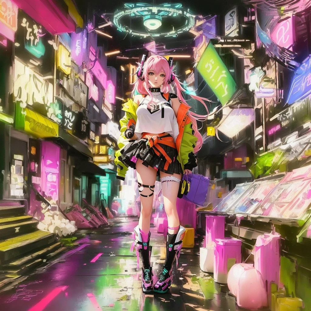 An anime character standing inside the store with pink hair and a green jacket., Digital Cyberpunk - Anime Art, digital Cyberpunk anime art, anime cyberpunk art, Colorful Fox City, Glitch Punk Girl, Cyberpunk anime art, Dreamy psychedelic anime, A mix of anime style and Fujifilm, Mecha aesthetics, In Cyberpunk City, cyberspace cowboy, Cyberpunk Style, Macross Frontier Splash ArtLet&#39;s start with a base illustration of a young female character.
Adjust the hair color to Hatsune Miku's iconic turquoise blue.
Style the hair to be very long, reaching below the waist, in twin tails. Ensure the twin tails are evenly balanced and neatly wrapped at the top.
Give the hair a glossy appearance and a slightly voluminous texture.
Create a youthful and cute facial expression with large, expressive eyes. The eye color should be a bright shade of blue.
Give her a characteristic slim and  body frame.
Remove the distinctive outfit consisting of a sleeveless top, tie, and pleated skirt. Include shades of teal and black in the color scheme.
Include signature accessories such as a futuristic headset, microphone, and detachable sleeves.
Optionally, add knee-high boots or thigh-high socks in matching color tones.
Provide a background that complements the aesthetic, such as a futuristic cityscape or a concert stage with colorful lights.
Please note that due to the complexity of the instructions, it may be challenging for an AI to accurately generate an image based on the exact specifications provided.
Please draw it in a sketch-like style, resembling an idea sketch.
A drawing that looks like it was done with a pencil. A picture drawn in a messy manner. A drawing done with hesitation.Soft Joints - Dancer's Joints - Twisting the Hips Dramatically - No Use of Black in Outlines - Pink Illumination - Lowered Gaze - Slender Eyes - Puffy Cheeks - Visible Abdominal Skin - Hair Color is Aqua - Hair Doesn't Turn Green - Employing Light Pastel Colors for Outlines.
