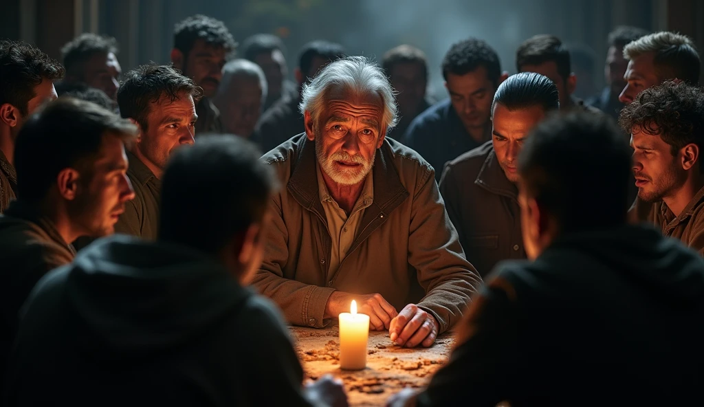 Many people are sitting around an elderly man in the middle of the night and are arguing.