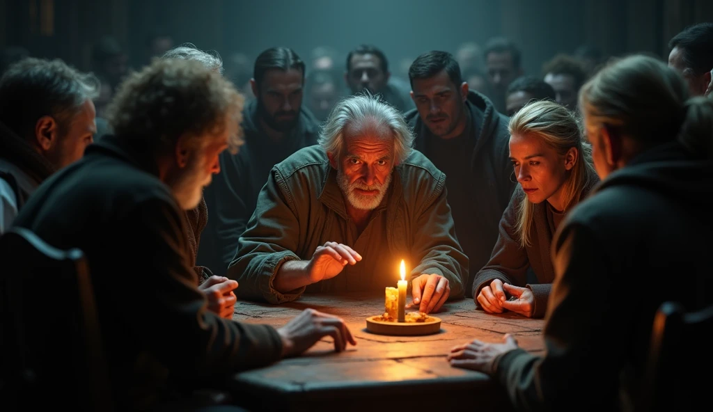 Many people are sitting around an elderly man in the middle of the night and are arguing.