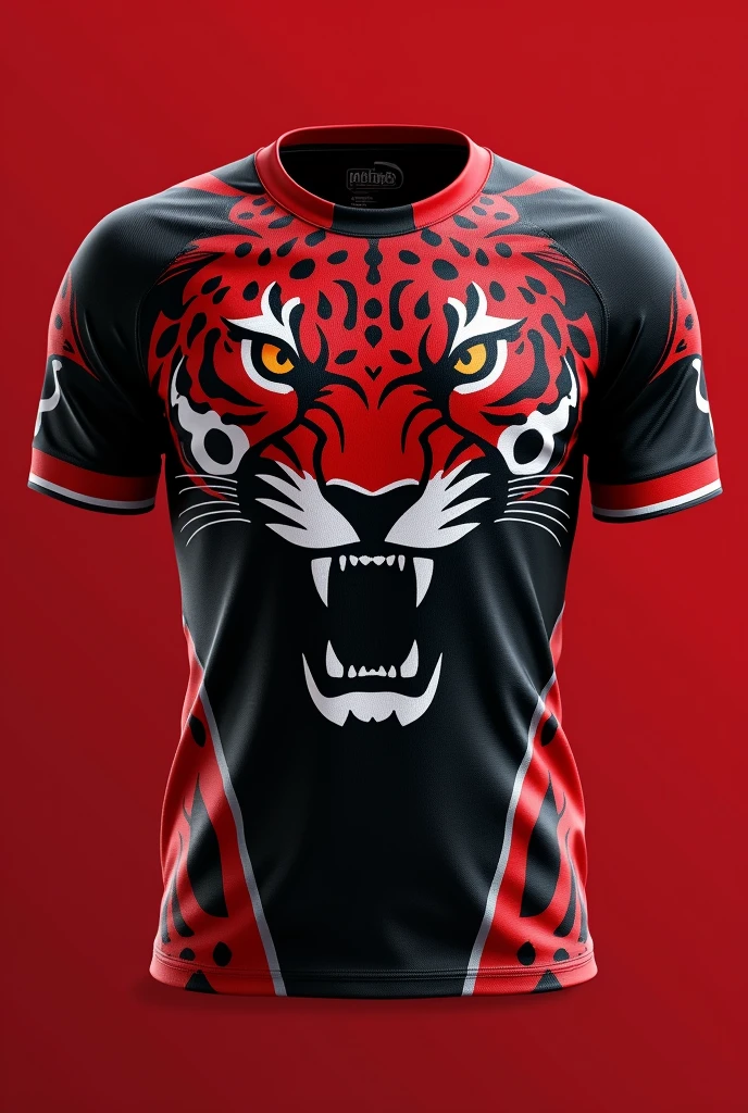 team jersey front and back for a game, with a jaguar drawn, red and black background and brown eyes