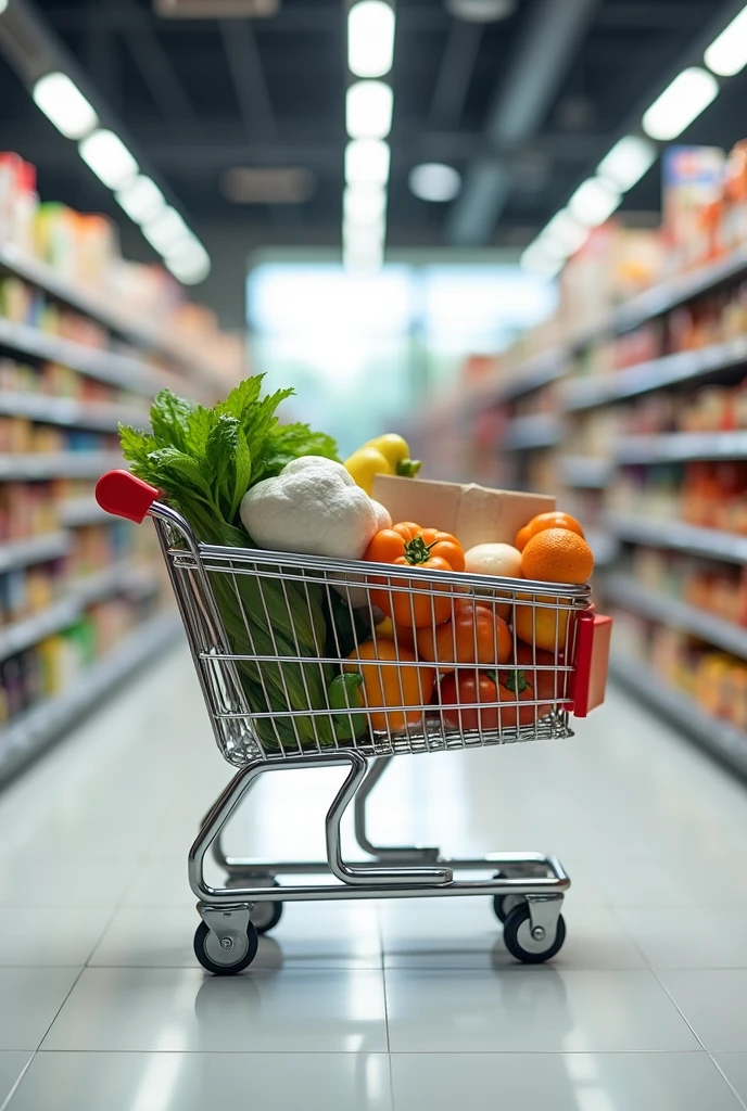 A shopping cart divided into two sections, a labeled one "Needs" with basic items such as food, and the other "wishes" with luxury or entertainment items.