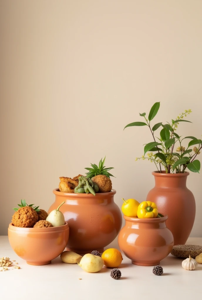 Light-colored photograph of food in earthenware vessels