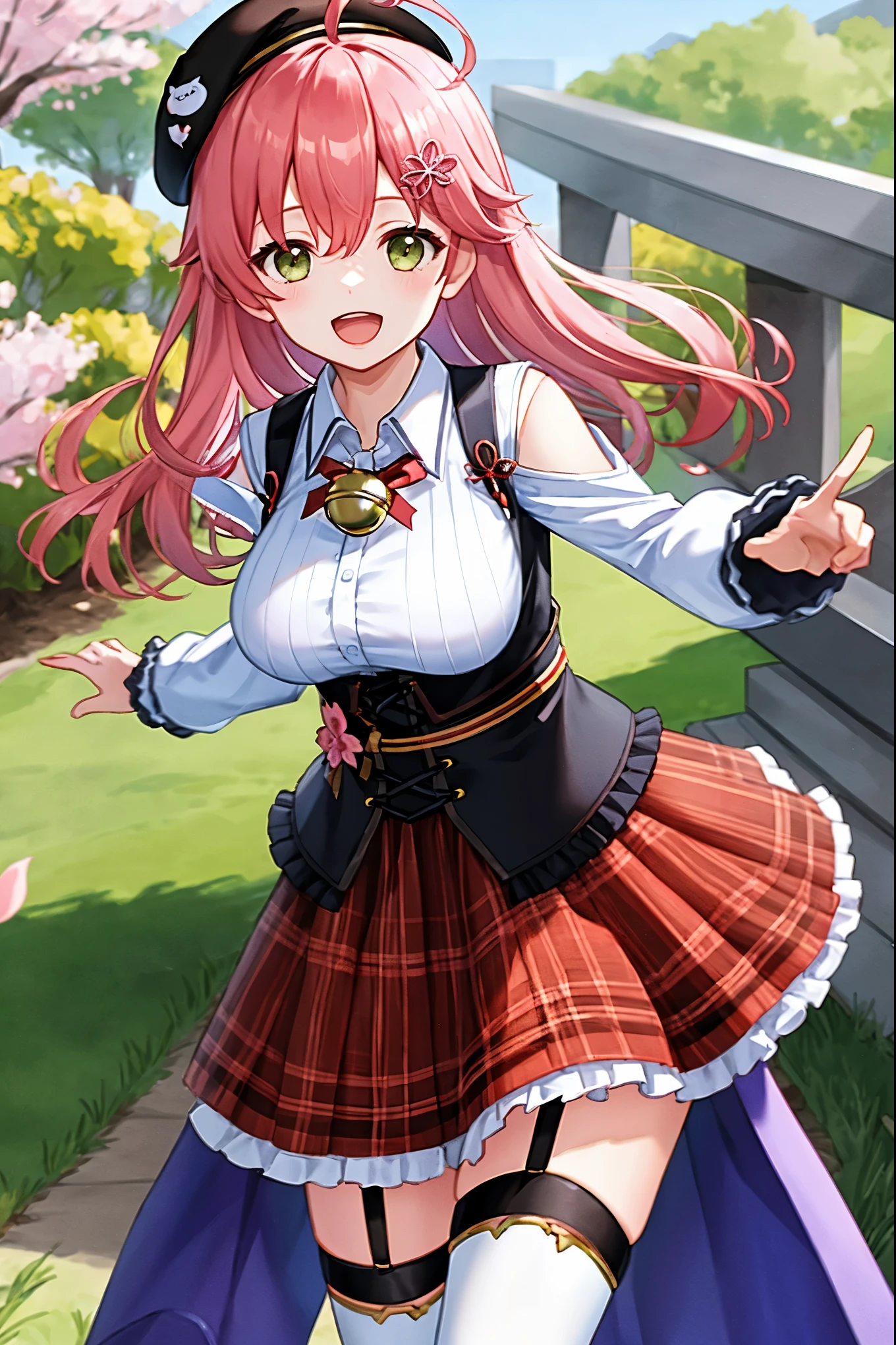 masutepiece, Best_Quality, hight_resolution, miko2,Ponytail, 1girl, Ahoge, black headwear, Hair Ornament, White shirt, black thighhighs, Pink hair, Red_skirt, very_short_skirt, plaid skirts, garter_strap, Collared shirt, hair clips, frilld, Bangs, hair between eye, frills skirt, beret, Pleated skirt, Hair Flower, Neck bell, , puffy long sleeves, Black bow, Underbust, Smile, (large_breasts:1.3),covered_nipples, green_eyes, happy, dynamic_angle,apart_legs,(big_smile:1.2),plump,open_mouth,shout,half_eyes,cherryblossom_park_landscape_background,