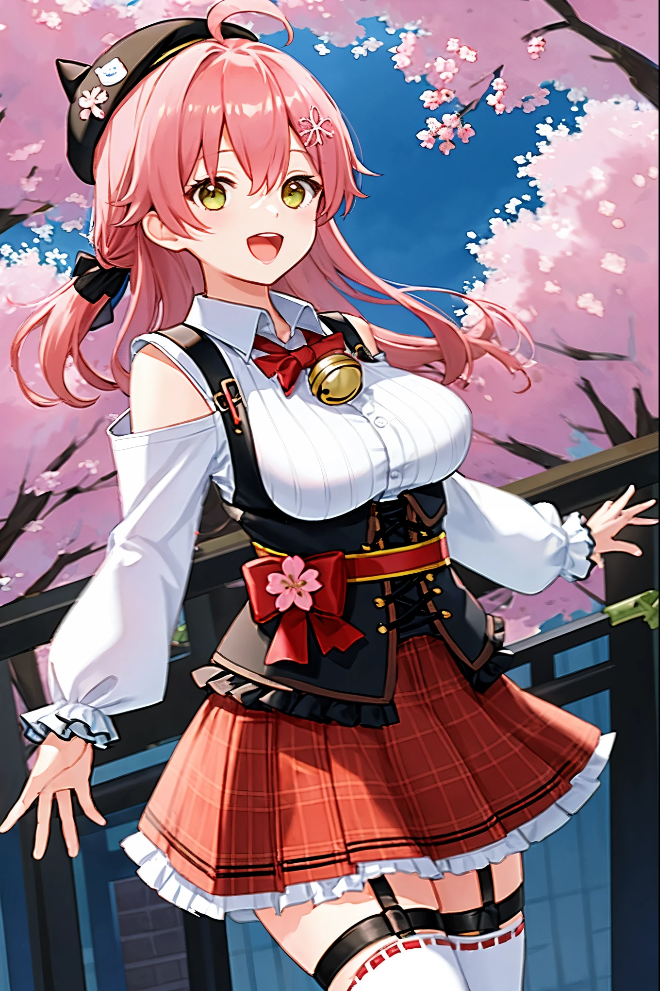 masutepiece, Best_Quality, hight_resolution, miko2,Ponytail, 1girl, Ahoge, black headwear, Hair Ornament, White shirt, black thighhighs, Pink hair, Red_skirt, very_short_skirt, plaid skirts, garter_strap, Collared shirt, hair clips, frilld, Bangs, hair between eye, frills skirt, beret, Pleated skirt, Hair Flower, Neck bell, , puffy long sleeves, Black bow, Underbust, Smile, (large_breasts:1.3),covered_nipples, green_eyes, happy, dynamic_angle,apart_legs,(big_smile:1.2),plump,open_mouth,shout,half_eyes,cherryblossom_park_landscape_background,
