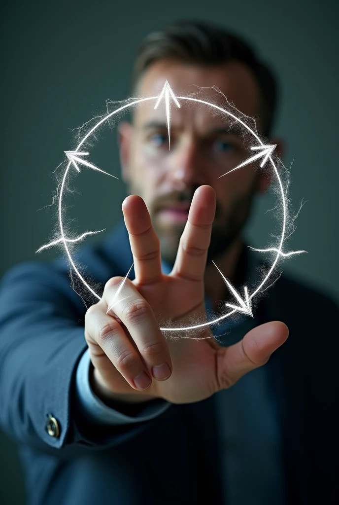 Despite the constant tremor in his hand, he watched in amazement as, as he extended his middle and index fingers in a ‘V’ shape and separated his thumb outward, fine electrical wires began to intertwine, forming a complex and enigmatic symbology.
So, at the center of the imaginary triangle formed by the gesture, a circle appeared. From this circle, three arrows emerged, resting on the traces of the three extended fingers, with one of them aligned with his middle finger, another with his index finger and the last with his thumb.