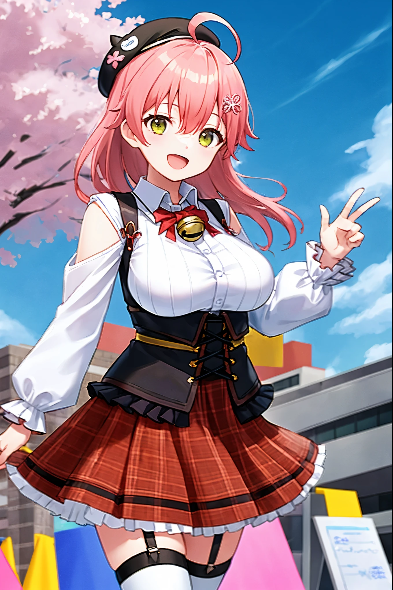 masutepiece, Best_Quality, hight_resolution, miko2,Ponytail, 1girl, Ahoge, black headwear, Hair Ornament, White shirt, black thighhighs, Pink hair, Red_skirt, very_short_skirt, plaid skirts, garter_strap, Collared shirt, hair clips, frilld, Bangs, hair between eye, frills skirt, beret, Pleated skirt, Hair Flower, Neck bell, , puffy long sleeves, Black bow, Underbust, Smile, (large_breasts:1.3),covered_nipples, green_eyes, happy, dynamic_angle,apart_legs,(big_smile:1.2),plump,open_mouth,shout,half_eyes,cherryblossom_park_landscape_background,
