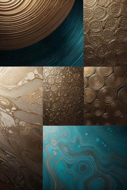 "A collection of abstract designs that stand out for their rich and varied textures. Each design features a combination of overlapping layers with different patterns and materials, like rough stone surfaces, Sand ripples, and the smoothness of silk. Textures blend with vibrant and contrasting colors: Warm tones of orange and red combine with cool blues and greens, creating a dynamic visual effect. Some areas of the design have a shiny metallic finish, while others mimic the look of aged wood or the iridescent shimmer of a wet surface. Geometric shapes, like circles and lines, are integrated into the textured background, adding depth and a sense of continuous movement."







