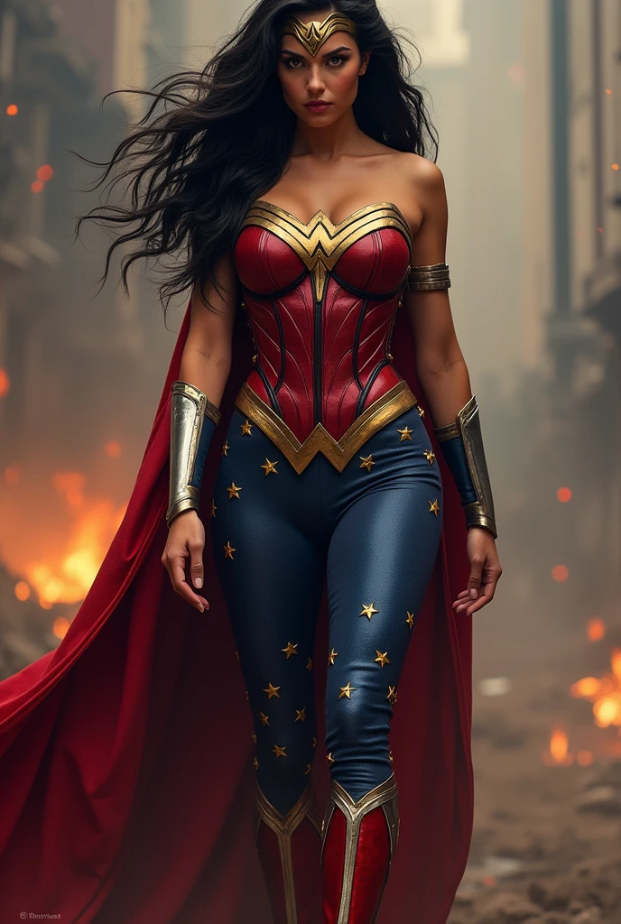 Adriana Lima under the mantle of the Amazon warrior Wonder Woman long black hair (((Red corset suit and blue leggings with stars))),(((Red boots))) Wonder Woman diaema on her forehead Justice League DC Universe