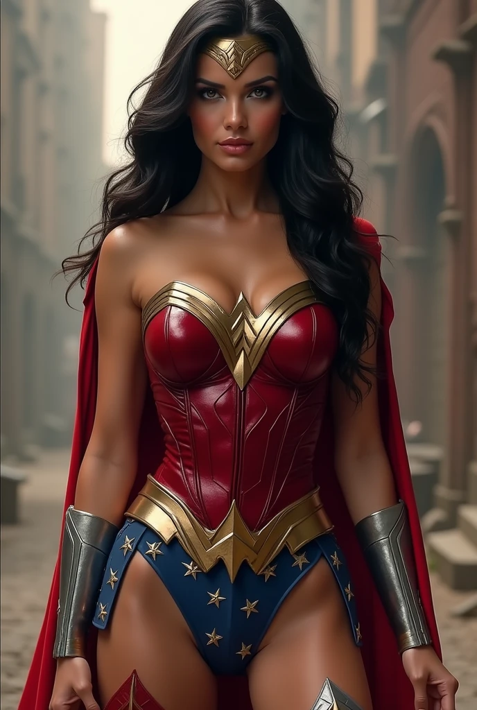 Adriana Lima under the mantle of the Amazon warrior Wonder Woman long black hair (((Red corset suit and blue leggings with stars))),(((Red boots))) Wonder Woman diaema on her forehead Justice League DC Universe