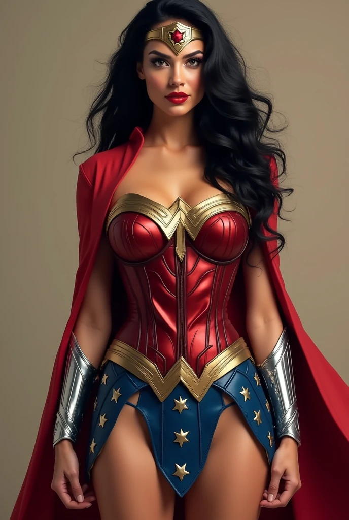 Adriana Lima under the mantle of the Amazon warrior Wonder Woman long black hair (((Red corset suit and blue leggings with stars))),(((Red boots))) Wonder Woman diaema on her forehead Justice League DC Universe