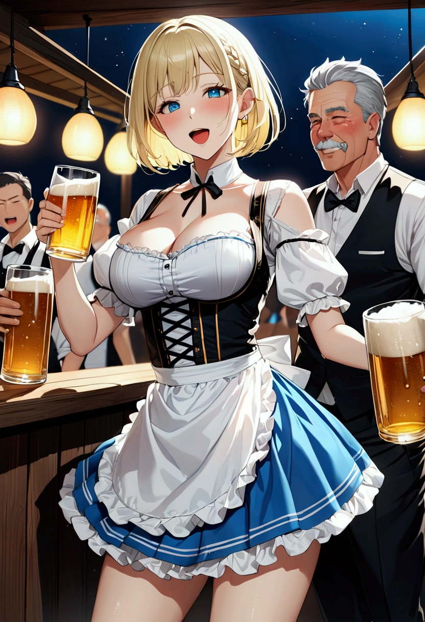 Blonde, Bobcut, chest, from the front, (Cowboy Shot), (Close ~ eyes), ((Black and white dirndl)), (Blue Skirt)、White apron、Germany, ager, Tilt your head:1.3, (((dance))), ((Blue Eyes)), (Highest quality, 4K, 8k, High resolution, masterpiece:1.2, Very detailed, Very detailed eyes,(Full Body Shot), , ((bar)), Dark Night,lamp、Beer 、Beer Glass、crowd、Drunk、Middle-aged men、chestを開く, Very slim, Big Breasts, focus on, in front of the eyebrows, Thick thighs((Gathered skirt)),Wet with sweat,((chestの谷間に汗をかく))((腕でchestの谷間を強調する)),Laughing with your mouth open、